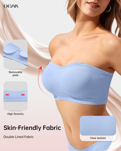 OEAK Supportive Strapless Bras for Women Push Up Wireless Bandeau Bra Non Slip Seamless Bras Comfortable Padded Bralette Sky Blue XS