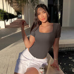 OQQ Women's 2 Piece Bodysuits Sexy Ribbed One Piece Square Neck Short Sleeve Bodysuits Tea leaf Beige