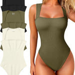 OQQ Women's 3 Piece Bodysuits Sexy Ribbed Strappy Square Neck Sleeveless Tummy Control Tank Tops Bodysuits