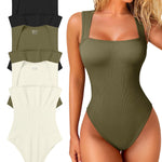 OQQ Women's 3 Piece Bodysuits Sexy Ribbed Strappy Square Neck Sleeveless Tummy Control Tank Tops Bodysuits Black Sauerkraut Beige
