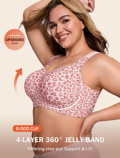 LetsJoli Jelly Bras for Women Push Up Bra Wireless No Underwire Supportive Full Coverage Plus Size for Older Women(Leopard Pink,L)