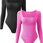 OQQ Women's 2 Piece Bodysuits Sexy Ribbed One Piece Square Neck Long Sleeve Tops