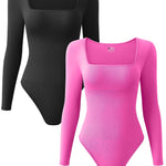 OQQ Women's 2 Piece Bodysuits Sexy Ribbed One Piece Square Neck Long Sleeve Tops Black Rose