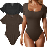 OQQ Women's 2 Piece Bodysuits Sexy Ribbed One Piece Square Neck Short Sleeve Bodysuits