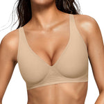 OEAK Womens Deep V Bras Wireless Comfortable Bra Supportive No Underwire Bras Tshirt Push Up Bralettes Plunge Seamless Bra Semolina M