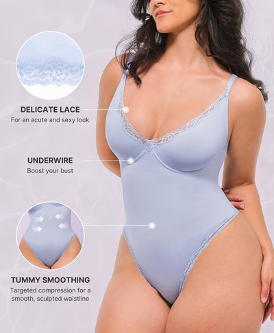 SHAPELLX Lace Bodysuit for Women Tummy Control Shapewear Thong Lace Corset Top V Neck Body Suits One Piece Body Shaper