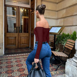 OQQ Bodysuits Womens Off-Shoulder Long Sleeve Seamless Shapewear Tops Darkred