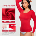 Nebility Tummy Control Shaperwear for Women Long Sleeve T Shirts Compression Tank Tops Scoop Neck Seamless Body Shaper(Red,Small)