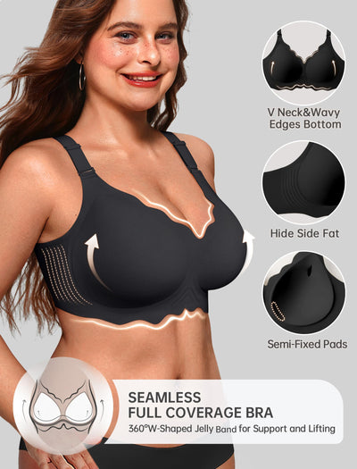 OEAK Women Jelly Bras No Underwire Scalloped Push Up Buttery Soft Tshirt Bra Seamless Full Coverage Convertible Everyday Bra Black,L