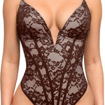Popilush Shapewear Bodysuit for Women Deep V Neck Sleeveless Lace Corset Bodysuits Tummy Control Tank Tops