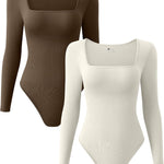 OQQ Women's 2 Piece Bodysuits Sexy Ribbed One Piece Square Neck Long Sleeve Tops