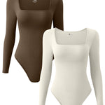 OQQ Women's 2 Piece Bodysuits Sexy Ribbed One Piece Square Neck Long Sleeve Tops Coffee Beige
