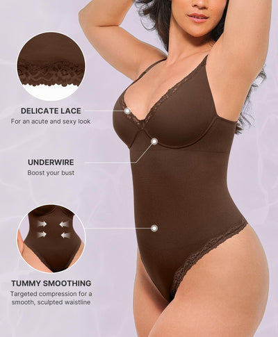 SHAPELLX Shapewear Bodysuits for Women Tummy Control Lace Body Suit V-Neck Sleeveless Bodysuit Corset Compression Tops