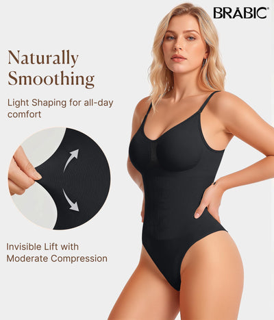 BRABIC Bodysuit Shapewear for Women Tummy Control Panties Seamless Sleeveless Tops V-Neck Camisole Jumpsuit(Black Thong, Medium/Large)