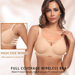 Werena Womens Jelly Wireless Bras V Mesh Push Up Comfortable Bra Full Coverage Supportive No Underwire Seamless Tshirt Bralette (Nude,L)