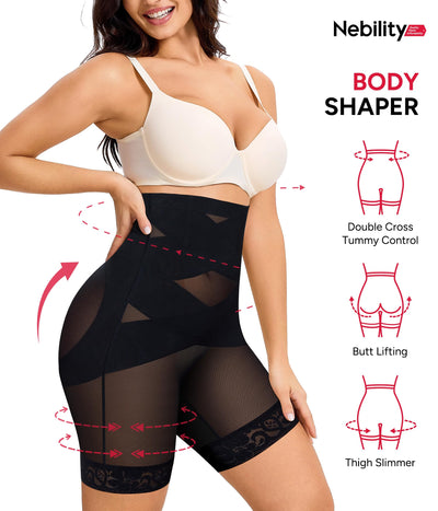 Nebility Tummy Control Shapewear Shorts High Waisted Body Shaper Butt Lifting Panties Thigh Slimmer Girdle Black