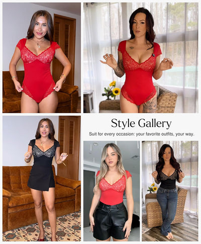 Popilush Lace Tops Body Suits for Womens Tummy Control Shapewear Bodysuit V Neck Party Date Night Outfit Body Shaper