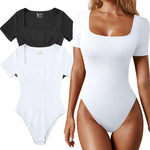 OQQ Women's 2 Piece Bodysuits Sexy Ribbed One Piece Square Neck Short Sleeve Bodysuits