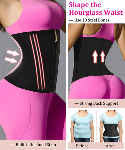 GainKee Waist Trainer for Women Corset Workout Cincher Body Shaper Tummy Control Shapewear Sweat Trimmer Latex Zipper (Black,M)