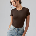 OQQ Women's Crew Neck Short Sleeve Bodysuit Ruched Stretch Vacation Basic for Tops Spring & Summer Darkbrown