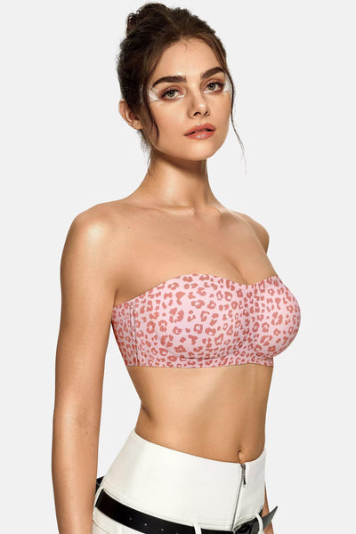 Vertvie Womens Strapless Bra Jelly Push Up Seamless Bandeau Bra Wireless Non Slip Silicone Tube Top Bras Padded Bralette(Leopard Pink,Small)