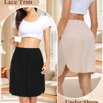 Wikoan 2 Pcs Women Half Slip for Under Dresses Lace Trim Short Under Slips Dress with Side Slit for Underskirt,Black & Nude,L
