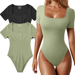OQQ Women's 2 Piece Bodysuits Sexy Ribbed One Piece Square Neck Short Sleeve Bodysuits