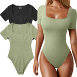 OQQ Women's 2 Piece Bodysuits Sexy Ribbed One Piece Square Neck Short Sleeve Bodysuits Black Jade green