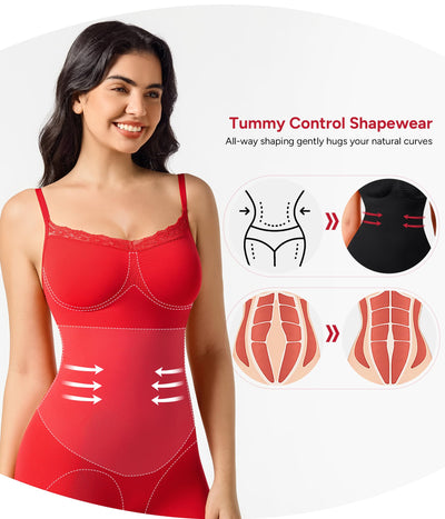 Nebility Shapewear Bodysuits for Women Tummy Control Body Shaper Seamless Waist Trainer Lace Body Suit (Red, Large)