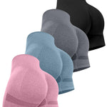 CHRLEISURE Women's 4 Packs Workout Gym Shorts, High Waisted Butt Lifting Scrunch Butt Seamless Booty Shorts(Black,DGray,Pink,Blue,M)