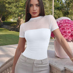 OQQ Women Short Sleeve Bodysuit Tummy Control Shapewear Mesh One Piece Leotard Shirts Going Out Tops White