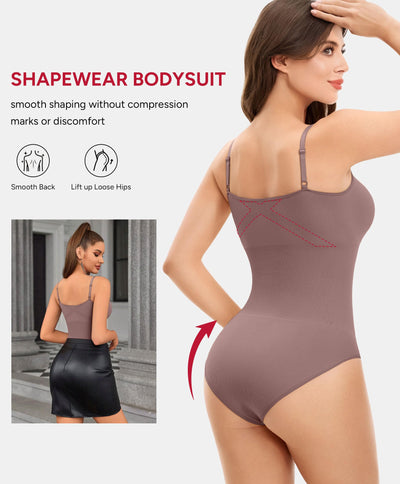 Nebility Shapewear Bodysuit for Women Tummy Control Shapewear Faja Body Shaper Waist Trainer Square Neck Body Suit(Purple Brown,Medium)