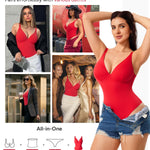 Nebility Shapewear Bodysuits for Women Tummy Control Body Shaper Deep V Neck Thong Body Suits (Red,Small)