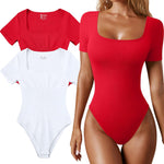 OQQ Women's 2 Piece Bodysuits Sexy Ribbed One Piece Square Neck Short Sleeve Bodysuits
