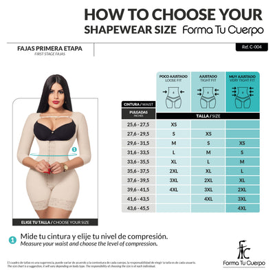 Forma Tu Cuerpo Long Sleeve Faja Body Shaper - fajas colombianas post surgery, Medium Compression, Open Bust, Beige, Lateral Zipper faja with sleeves, fajas colombianas para lipo 360 y bbl, M