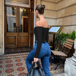 OQQ Bodysuits Womens Off-Shoulder Long Sleeve Seamless Shapewear Tops Black