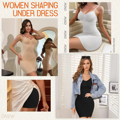 ONEW Shapewear Slips For Under Dress Deep V Neck Tummy Control Full Slip Adjustable Strap Seamless Body Shaper For Women,Black,Medium
