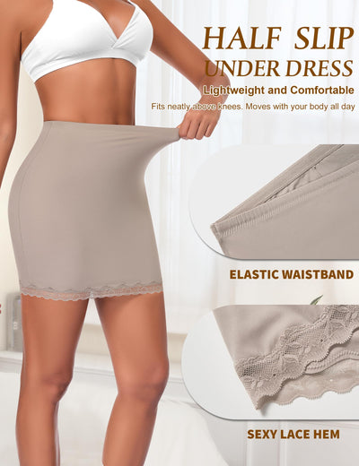 Werkiss Slip Skirt for Under Dress Women Lace Half Slip Slim Fit Slips Above Knee Mini Underskirt (Nude,S)