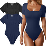 OQQ Women's 2 Piece Bodysuits Sexy Ribbed One Piece Square Neck Short Sleeve Bodysuits