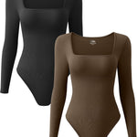 OQQ Women's 2 Piece Bodysuits Sexy Ribbed One Piece Square Neck Long Sleeve Tops