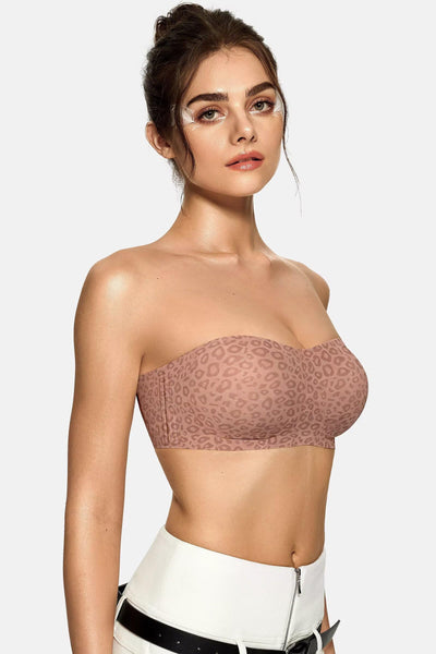 Vertvie Womens Strapless Bra Jelly Push Up Seamless Bandeau Bra Wireless Non Slip Silicone Tube Top Bras Padded Bralette(Leopard Light Coffee,Medium)
