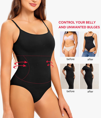 Nebility Shapewear Bodysuits for Women Tummy Control Square Neck Seamless Full Body Shaper Top for Daily Wear Smooths Waist Black Bodysuit