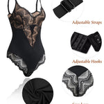 Werena Lace Tummy Control Shapewear Bodysuit for Women Slimming Body Shaper V Neck Sculpting Thong Bodysuit(A#02 Black+Beige(Sculpting),3X-Large)