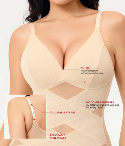Nebility Compression Tanks for Women Shapewear Tank Tops Tummy Control Body Shaper V Neck Mesh Camisole (Beige, 3X-Large)