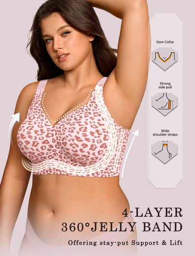 OEAK Womens Wireless Bras Supportive Seamless Full Coverage Bra Push Up Comfortable Bra No Underwire Everyday Tshirt Bras Pink Leopard M