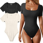 OQQ Women's 2 Piece Bodysuits Sexy Ribbed One Piece Square Neck Short Sleeve Bodysuits