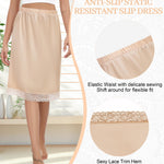 Lovasy 2 Pieces Half Slips for Women Long Underskirt Anti Static Satin Under Skirt with Floral Lace Trim Slip Dress for Skirts Dresses White & Nude,Medium