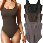 OQQ Women's 3 Piece Bodysuits Sexy Ribbed Sleeveless Square Neck Sleeveless Tank Tops Bodysuits Black Darkbrown Tea leaf