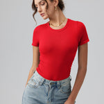 OQQ Women's Crew Neck Short Sleeve Bodysuit Ruched Stretch Vacation Basic for Tops Spring & Summer Red