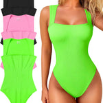 OQQ Women's 3 Piece Bodysuits Sexy Ribbed Strappy Square Neck Sleeveless Tummy Control Tank Tops Bodysuits